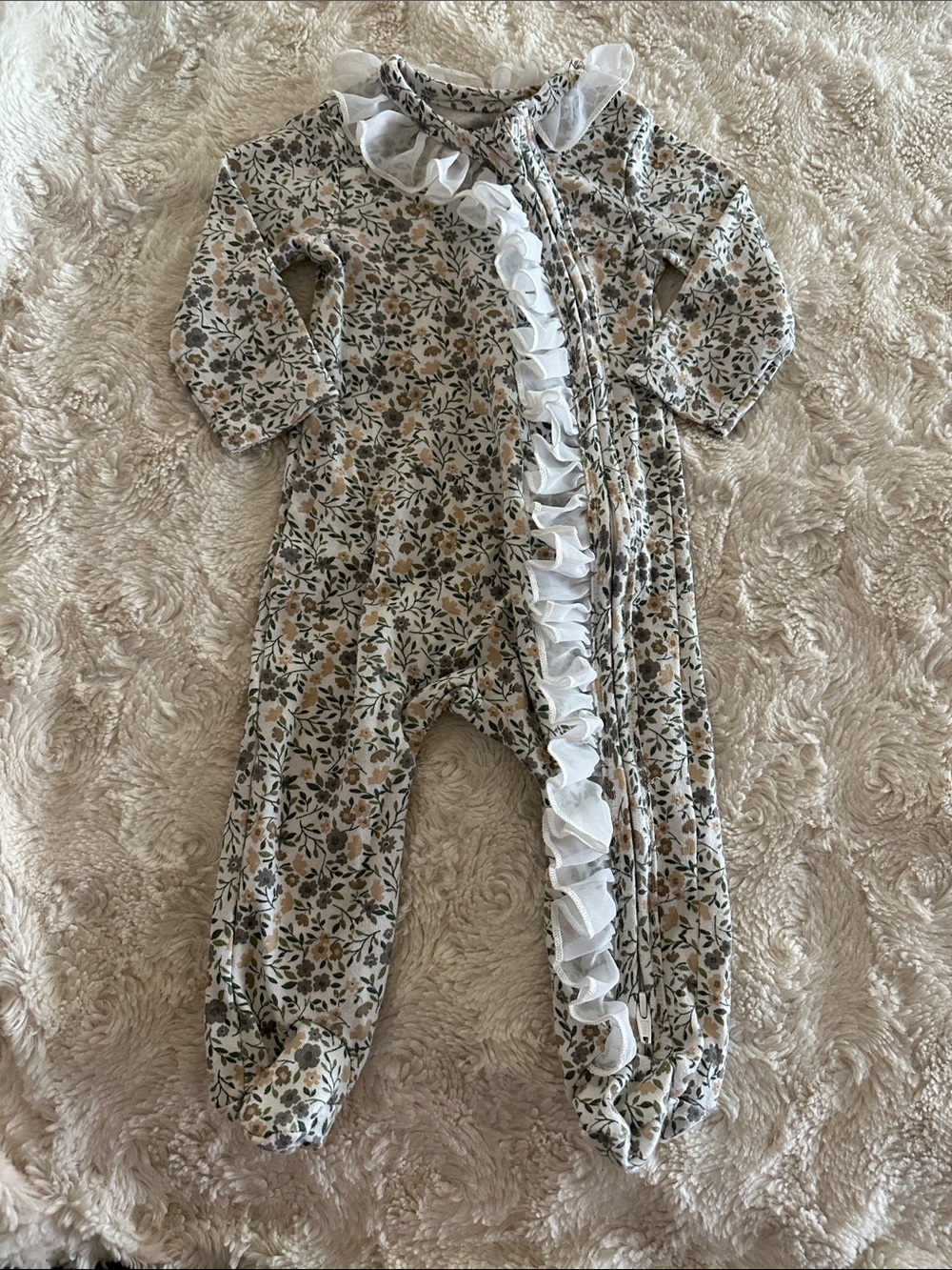 Baby Essentials Floral Ruffle Footie - Cream, White, Purple & Green